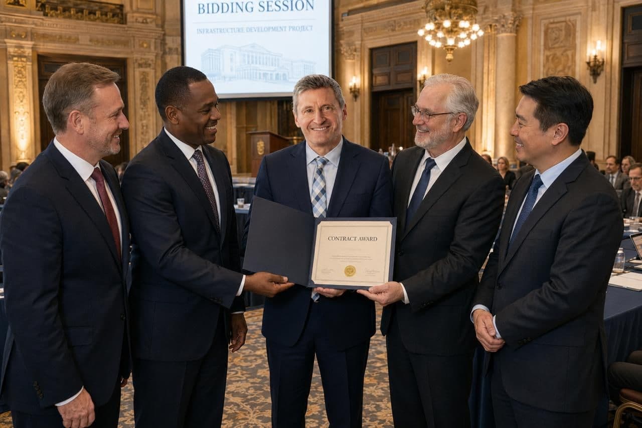 Brian Eric Hansen, founder and CEO of BHK Covenant Energy & Development Ltd, receiving a Contract Award certificate from Enbridge Inc. representatives at an infrastructure development bidding session.